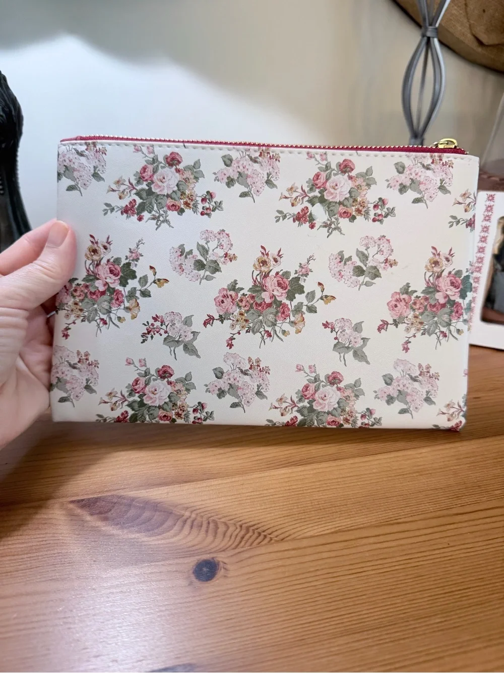 Laura Ashley Cream Floral Cosmetic Pouch with Gold 'A' Monogram